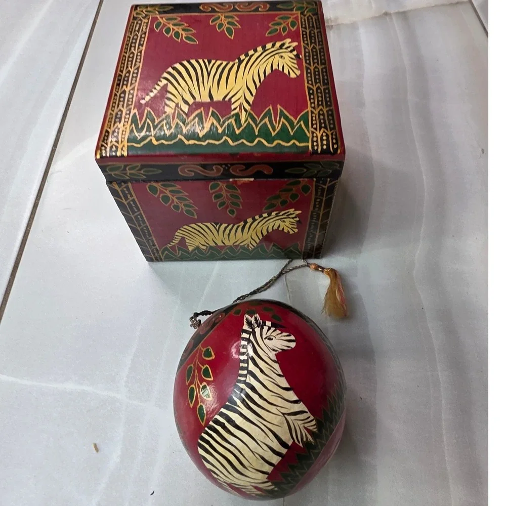 Hand Painted Zebra Wooden Trinket Box and Matching Egg‎ Ornament Set Folk Art S3